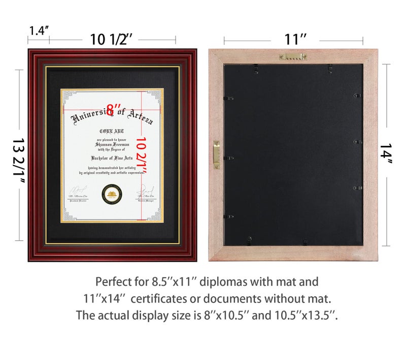 CORE ART 11x14 Diploma Frame Display Certificates 8.5 x 11 with Black Mat or Documents 11 x 14 without Mat, College Degree Wooden Frame with Tempered Glass for Wall and Tabletop Display(Cherry Red) - Image 4